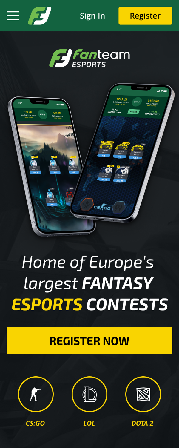 FanTeam Esports landing page, mobile