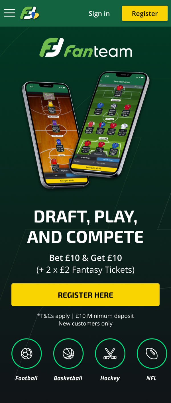 Draft, play and compete offer landing page, mobile