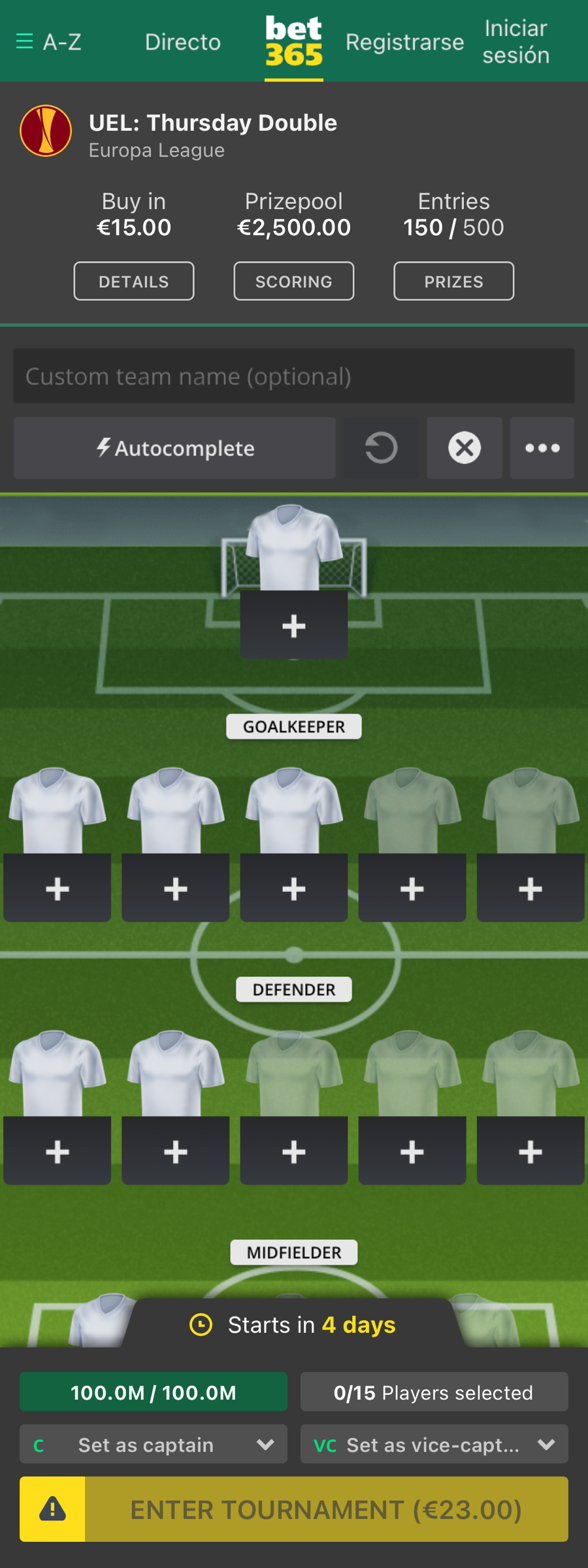 Create team, Bet365 build, mobile