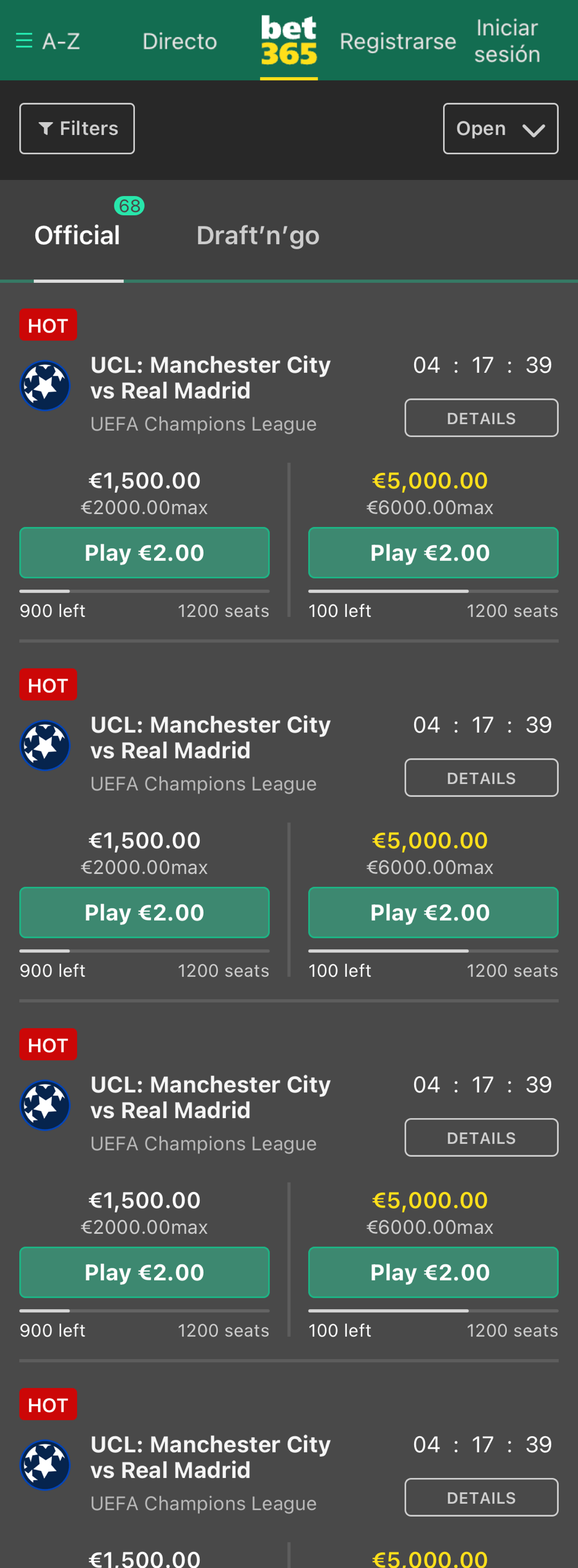Lobby, Bet365 build, mobile