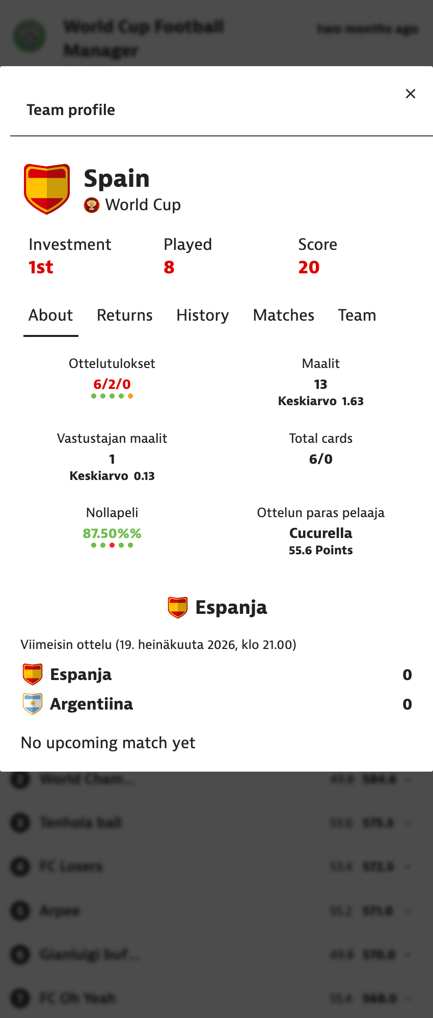 Team profile, live product